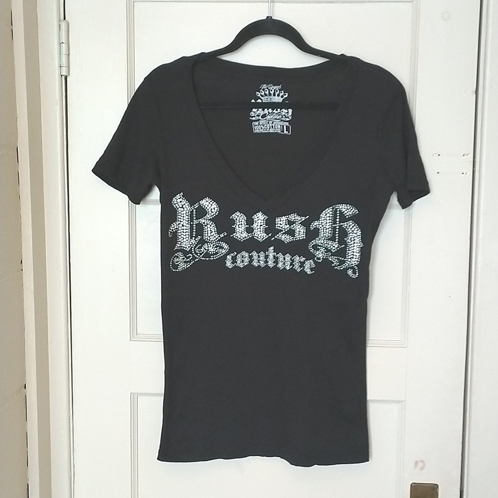 EUC Rush Couture Size L Black Bling Logo Top